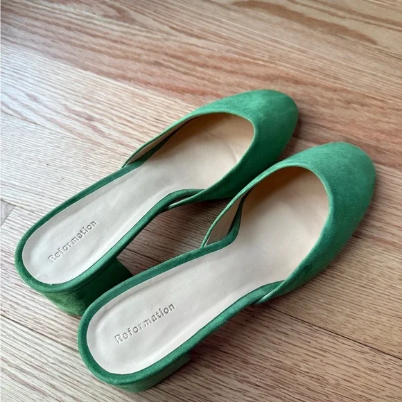 Reformation Green Suede Mules Chunky Heel 2.5 Inch Size 11 - Picture 7 of 8
